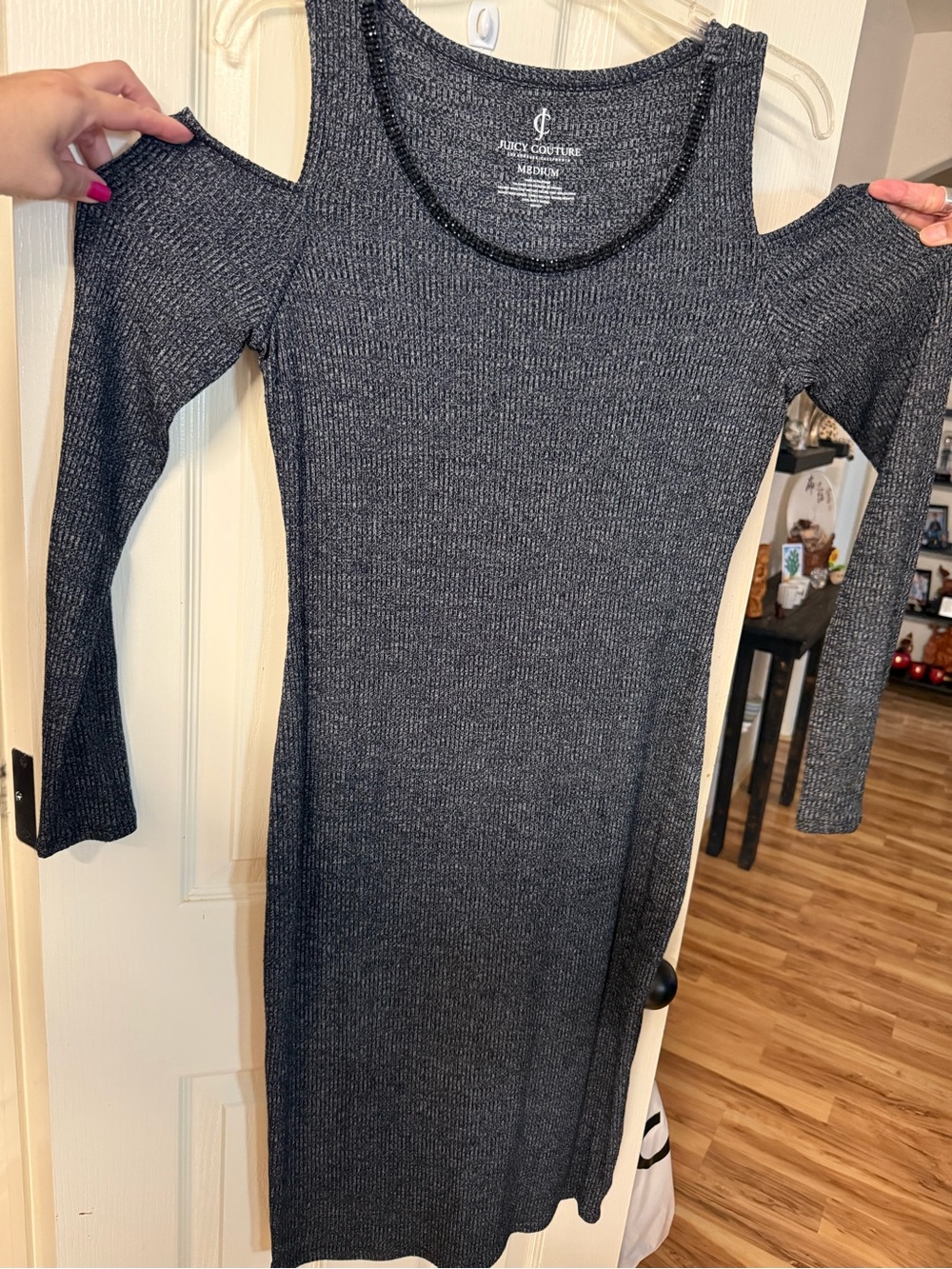Juicy Couture Charcoal Cold-Shoulder Ribbed Midi Dress